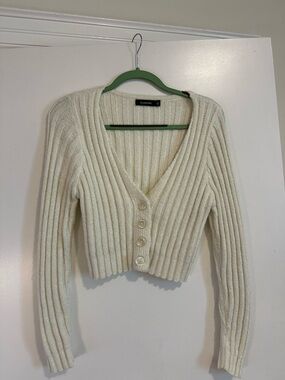 Glassons Cream Ribbed V-Neck Buttoned Cropped Cardigan